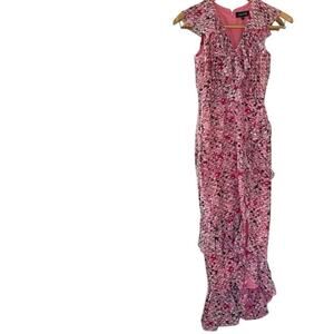 Saloni Women's Pink Floral Print V-Neckline Silk Ruffle Maxi Dress Size 2